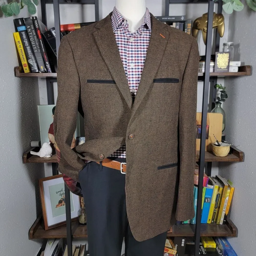 Bruno Conte Don Jonathan Men's Flannel Sport Coat Blazer‎ Two Button Brown XL